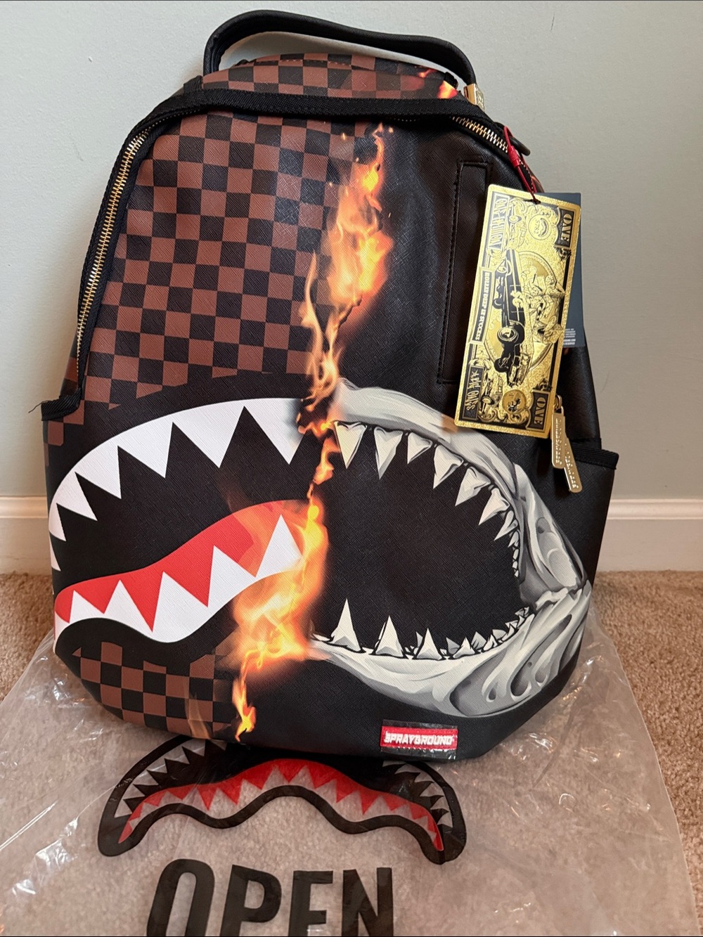 Sprayground Black & Brown Checkerboard Shark Flame Backpack